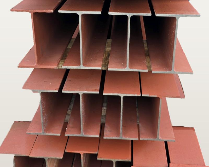 Painted steel universal beams seen end-on, showing the I-shaped cross-section